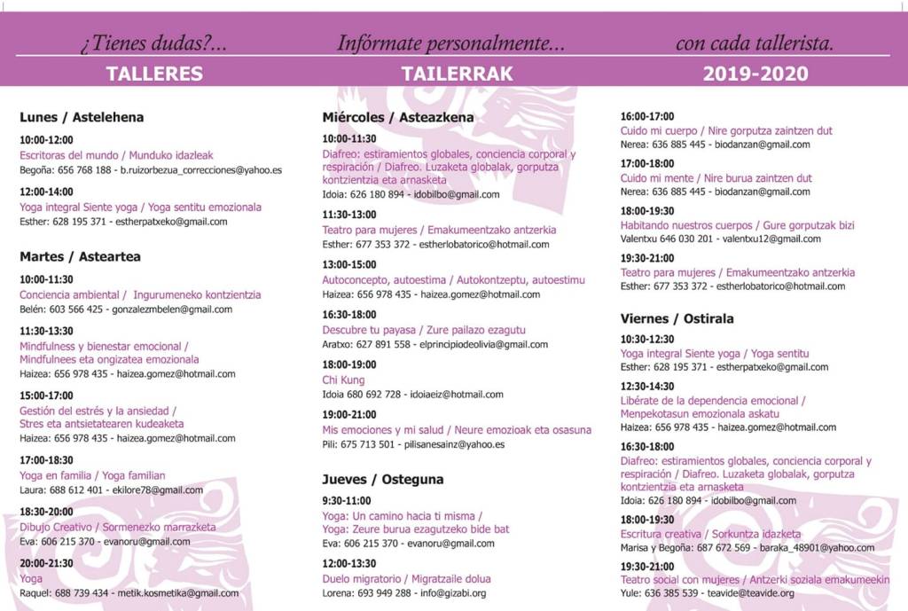 Este curso imparto el taller de Escritoras del mundo en la asociación bilbaí­na Mujeres del mundo.
Las clases serán los lunes de 10 a 12 de la mañana y empiezan el 1 de octubre. 10â¬ de matrí­cula (que sirve para apuntarte a todos los talleres que quieras) y 35â¬ al mes.
Como siempre en mis cursos, descubriremos nuevas autoras, leeremos, compartiremos, nos echaremos muchas risas y algún dí­a probablemente alguna lagrimita. ð
Puedes ponerte en contacto conmigo para que te informe de cómo apuntarte (tienes mi contacto en la imagen), o puedes apuntarte en Mujeres del mundo, del 23 al 27 de septiembre, de 11 a 13 y de 18 a 20, en Fika 5, bajo: http://mujeresdelmundobabel.org/2019/08/10/nuevos-talleres-para-el-nuevo-curso/
babeltalleres@gmail.com